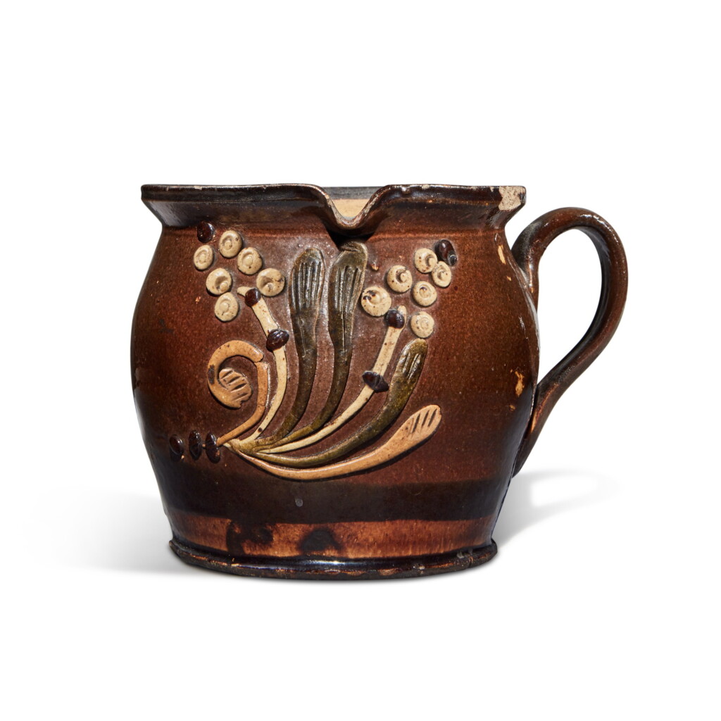 View full screen - View 1 of Lot 1596. Moravian Applied and Slip Decorated Pitcher, Probably North Carolina, Circa 1800.