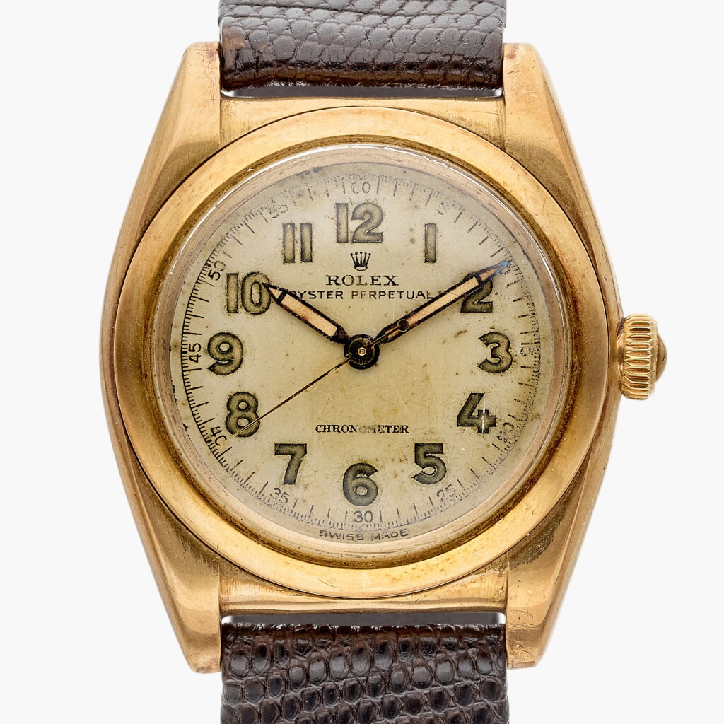 View full screen - View 1 of Lot 597. Reference 3131 Oyster Perpetual 'Bubbleback' | A yellow gold automatic wristwatch, Circa 1946.