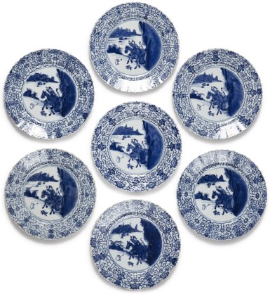 View full screen - View 1 of Lot 466. SEVEN CHINESE BLUE AND WHITE SCALLOPED-RIM PLATES, QING DYNASTY, KANGXI PERIOD.