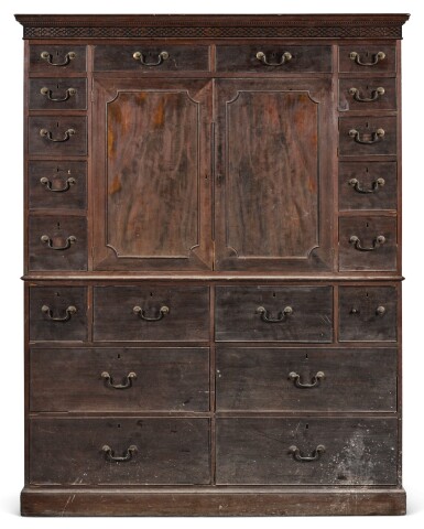 View full screen - View 1 of Lot 246. A GEORGE III MAHOGANY LINEN PRESS, CIRCA 1775, IN THE MANNER OF THOMAS CHIPPENDALE.