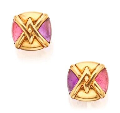 View full screen - View 1 of Lot 127. PAIR OF GOLD, AMETHYST AND TOURMALINE EARCLIPS, BULGARI.
