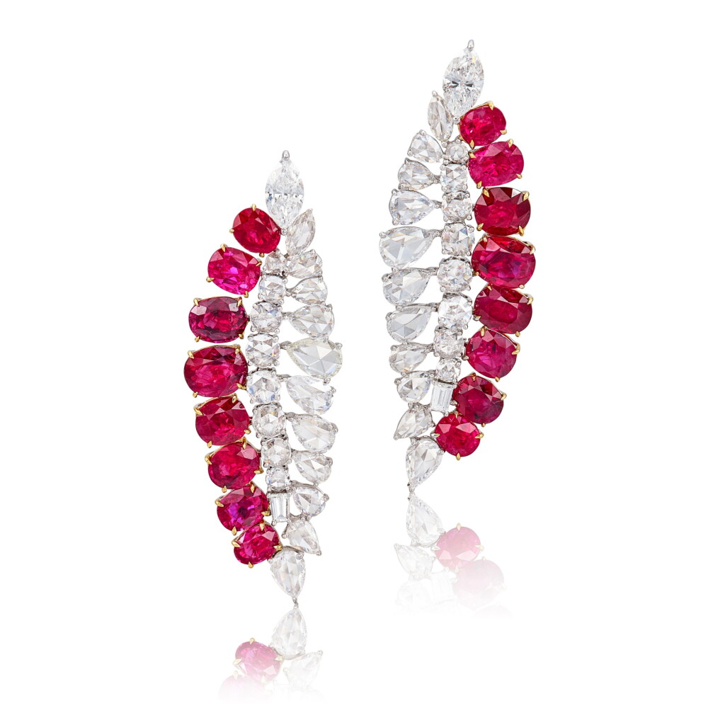 View full screen - View 1 of Lot 1492. Pair of Ruby and Diamond Earrings | 天然「緬甸」未經加熱紅寶石 配 鑽石 耳環一對 (紅寶石共重約10.71克拉).