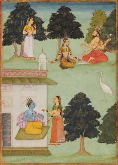 View full screen - View 1 of Lot 506. An Illustration to the Rasikapriya of Keshav Das, By Rukn al-din (active 1650 - 1697), Rajasthan / Bikaner, circa 1686.