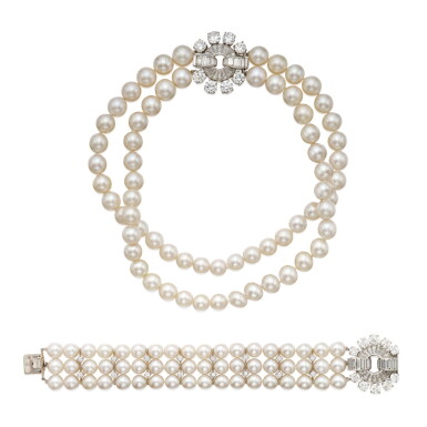 View full screen - View 1 of Lot 513. Cultured Pearl and Diamond Necklace and Bracelet | 海瑞溫斯頓及梵克雅寶 | 養殖珍珠配鑽石 項鏈及手鏈.