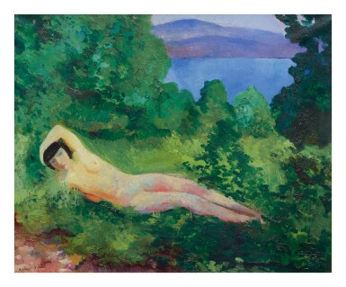 View full screen - View 1 of Lot 56. MOÏSE KISLING | NU COUCHÉ DANS LES FEUILLAGES, ST. TROPEZ.
