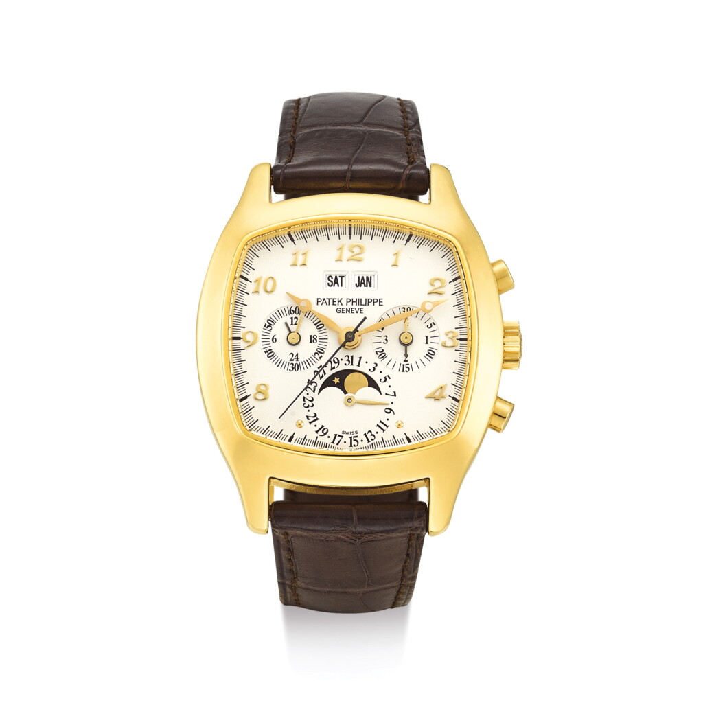 View full screen - View 1 of Lot 2307. PATEK PHILIPPE | REFERENCE 5020 A YELLOW GOLD PERPETUAL CALENDAR CHRONOGAPH WRISTWATCH WITH MOON PHASES, 24 HOURS AND LEAP YEAR INDICATION, MADE IN 1994 | 百達翡麗 | "型號5020 黃金萬年曆計時腕錶,備月相、24小時及閏年顯示,機芯編號3045140,錶殼編號2956144,1994年製".