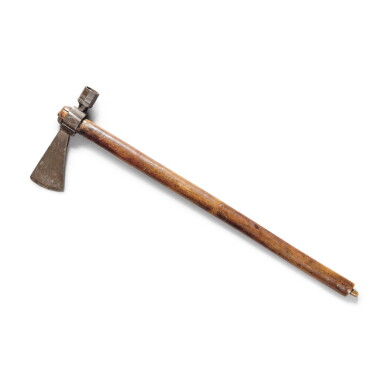 View full screen - View 1 of Lot 494. Important Engraved Steel and Figured Maple Pipe Tomahawk, John Fraser, Lancaster County, Pennsylvania, Circa 1758.