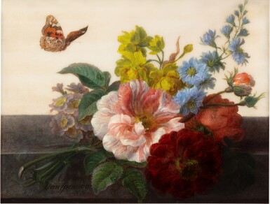 View full screen - View 1 of Lot 42. Still life of roses, peonies, gentians and other flowers with a butterfly, all upon a marble ledge.