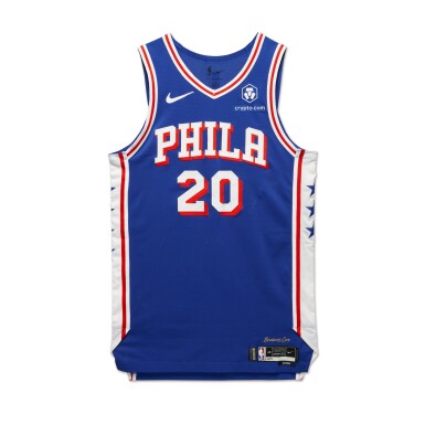 View full screen - View 1 of Lot 39. Jared McCain ‘Rookie Debut’ Philadelphia 76ers 2024-2025 Kia NBA Tip-Off Game Worn Icon Edition Jersey .