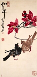 Attributed to Qi Baishi, Pigeon and lotus, Ink and color on paper, hanging scroll