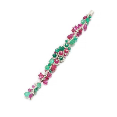 View full screen - View 1 of Lot 549. Attractive emerald, ruby and diamond bracelet, 'Tutti Frutti', circa 1939.