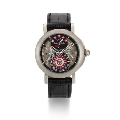 View full screen - View 1 of Lot 322. GÉRALD GENTA | ARENA NO 3, REF ATM.X.75, PLATINUM AND PALLADIUM TOURBILLON SEMI-SKELETONISED PERPETUAL CALENDAR WRISTWATCH WITH POWER RESERVE, LEAP-YEAR AND MOON-PHASE INDICATION, CIRCA 2005.