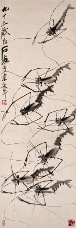 Attributed to Qi Baishi, Shrimps, Ink on paper, hanging scroll