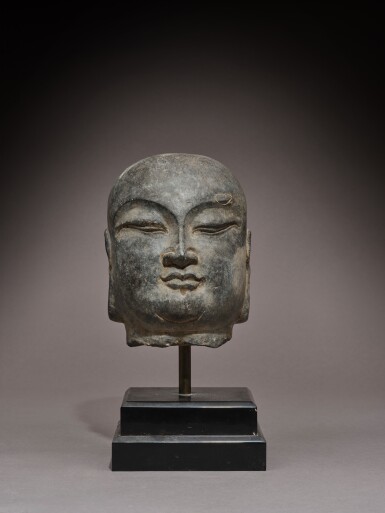 View full screen - View 1 of Lot 96. A limestone head of a Luohan, Song dynasty | 宋 石灰石雕羅漢首像.