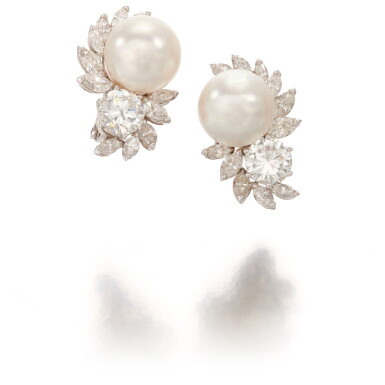 View full screen - View 1 of Lot 48. PAIR OF CULTURED PEARL AND DIAMOND EARCLIPS (PAIO DI ORECCHINI IN PERLE COLTIVATE E DIAMANTI).