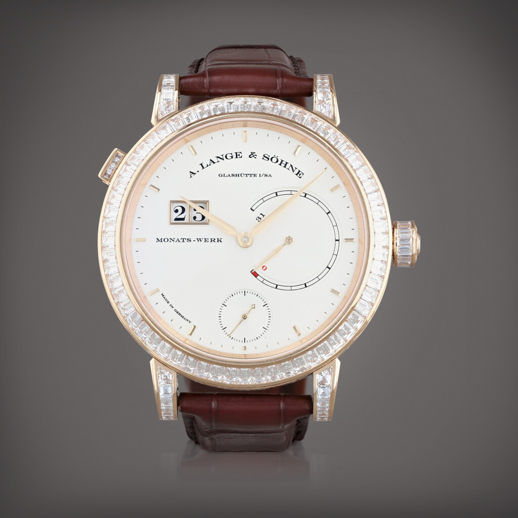 全螢幕檢視 - 查看629Lange 31, unique piece, reference 831.042 F Montre bracelet en or rose sertie de diamants avec date et indication de réserve de marche de 31 jours | Pink gold diamond-set wristwatch digital date display and 31 days power reserve indication Vers 2007 | Circa 2007的1
