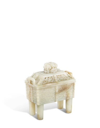 View full screen - View 1 of Lot 58. A pale green jade archaistic ritual incense burner and cover (fang ding), Qing dynasty, 18th / 19th century.