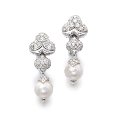 View full screen - View 1 of Lot 1150. Pair of cultured pearls and diamond ear clips.