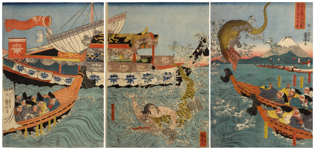 View full screen - View 1 of Lot 124. Utagawa Kuniyoshi (1798-1861) | Minamoto no Yoriie Watching Asahina Yoshihide Fighting Two Crocodiles in the Sea Off Kamakura (Minamoto no Yoriie-ko Kamakura Kotsubo no umi yuran Asahina Yoshihide shiyu no wani wo tofu zu) | Edo period, 19th century.