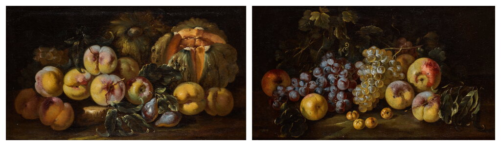 View full screen - View 1 of Lot 170. Still life with melons, peaches, plums and grapes; Still life with grapes, peaches and apricots.
