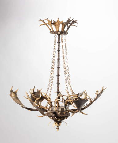 View full screen - View 1 of Lot 190. A Central European birch and antler six-light chandelier, late 19th century.