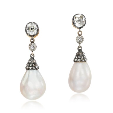 View full screen - View 1 of Lot 127. Natural pearl and diamond earrings, circa 1810s.
