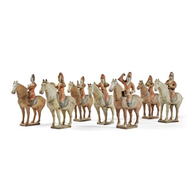 View full screen - View 1 of Lot 243. A group of seven painted gray pottery figures of equestrian musicians, Tang dynasty.