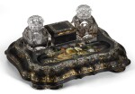 A VICTORIAN BLACK LACQUERED PAPIER MÂCHÉ INKSTAND, CIRCA 1850