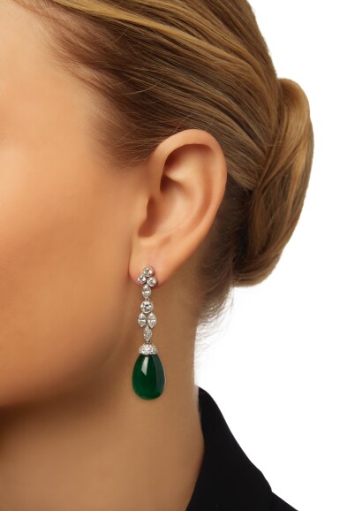 View full screen - View 1 of Lot 155. PAIR OF EMERALD AND DIAMOND PENDANT-EARRINGS.
