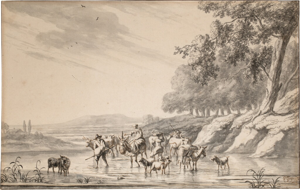 View full screen - View 1 of Lot 156. Extensive landscape with herders and their animals fording a stream, trees on the bank behind.