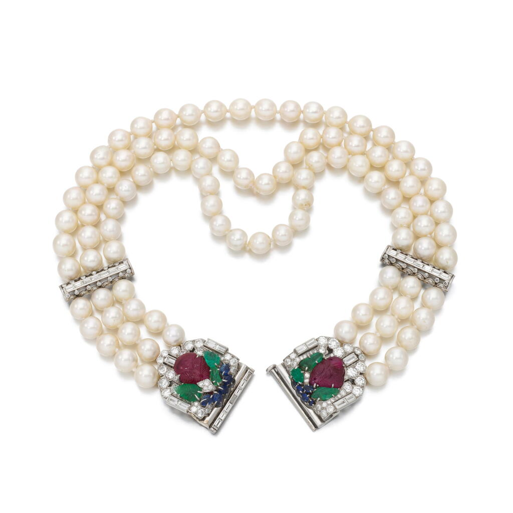 View full screen - View 1 of Lot 50. Gem-set and diamond double clip brooch and cultured pearl and diamond necklace | Spilla doppia clip in gemme di colore e diamanti e collan in perle coltivate e diamanti .
