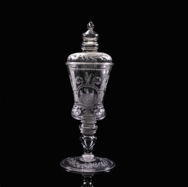 View full screen - View 1 of Lot 88. An `Antimelancholia' engraved glass goblet and cover, Circa 1740, possibly Saxon.