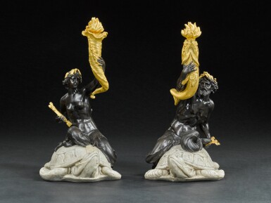 View full screen - View 1 of Lot 96. A pair of gilt and patinated bronze figures of Triton and Nereid astride marble turtles, by Edward F. Caldwell & Co., New York, circa 1900.