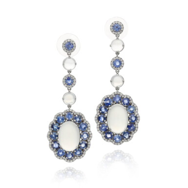 View full screen - View 1 of Lot 196. Pair of moonstone and sapphire earrings.