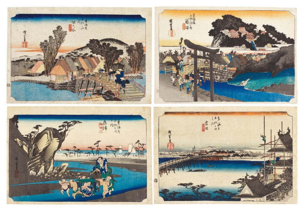 View full screen - View 1 of Lot 12. UTAGAWA HIROSHIGE I (1797–1858), FOUR PRINTS: HODOGAYA: SHINMACHI BRIDGE (HODOGAYA, SHINMACHI-BASHI), FUJISAWA: THE YÛGYÔ-JI TEMPLE (FUJISAWA, YÛGYÔ-JI), OKITSU: THE OKITSU RIVER (OKITSU, OKITSUGAWA) AND YOSHIDA: THE TOYOKAWA RIVER BRIDGE (YOSHIDA, TOYOKAWABASHI) | EDO PERIOD, 19TH CENTURY .