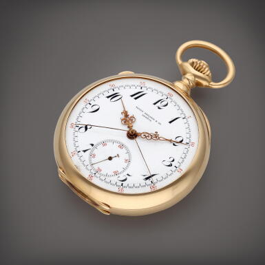 View full screen - View 1 of Lot 314. Retailed by Frank F. Bonnet, Columbus, OH: A pink gold open faced split seconds chronograph watch, Circa 1897.