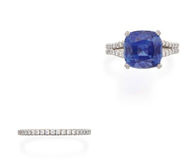 View full screen - View 1 of Lot 66. TAFFIN | SAPPHIRE AND DIAMOND RING AND DIAMOND ETERNITY BAND.