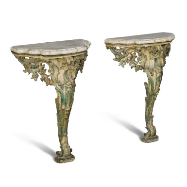 View full screen - View 1 of Lot 70. A Pair of Italian Rococo Grey and White Painted Consoles with White Marble Tops, Probably Genoa, Mid-18th Century.