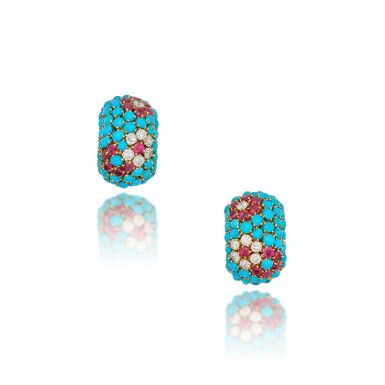 View full screen - View 1 of Lot 407. Pair of Turquoise, Ruby and Diamond Earclips, France.