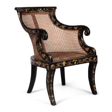 View full screen - View 1 of Lot 128. A REGENCY STYLE JAPANNED AND CANED BERGERE.