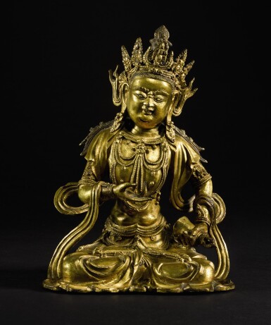 View full screen - View 1 of Lot 183. A GILT-BRONZE FIGURE OF VAJRASATTVA MING DYNASTY, 15TH/16TH CENTURY | 明十五/十六世紀 鎏金銅金剛薩埵坐像.