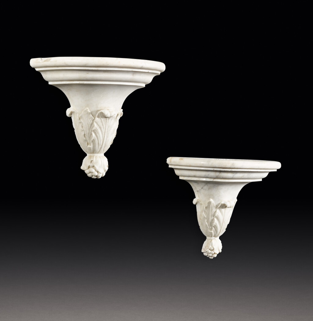 View full screen - View 1 of Lot 148. A PAIR OF CARVED CARRARA MARBLE WALL BRACKETS, POSSIBLY FRENCH, FIRST QUARTER OF 19TH CENTURY.