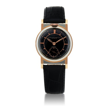 View full screen - View 1 of Lot 911. RETAILED BY CUCCO: REF 136 UNUSUAL PINK AND WHITE GOLD TOP-WOUND WRISTWATCH WITH BLACK SECTOR DIAL MADE IN 1919.