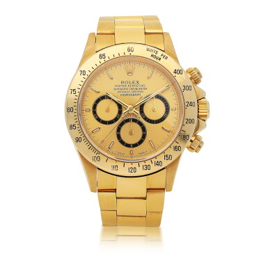 View full screen - View 1 of Lot 1153. ROLEX | 'ZENITH' DAYTONA, REF 16528 YELLOW GOLD CHRONOGRAPH WRISTWATCH WITH BRACELET AND 'INVERTED 6' DIAL CIRCA 1991.