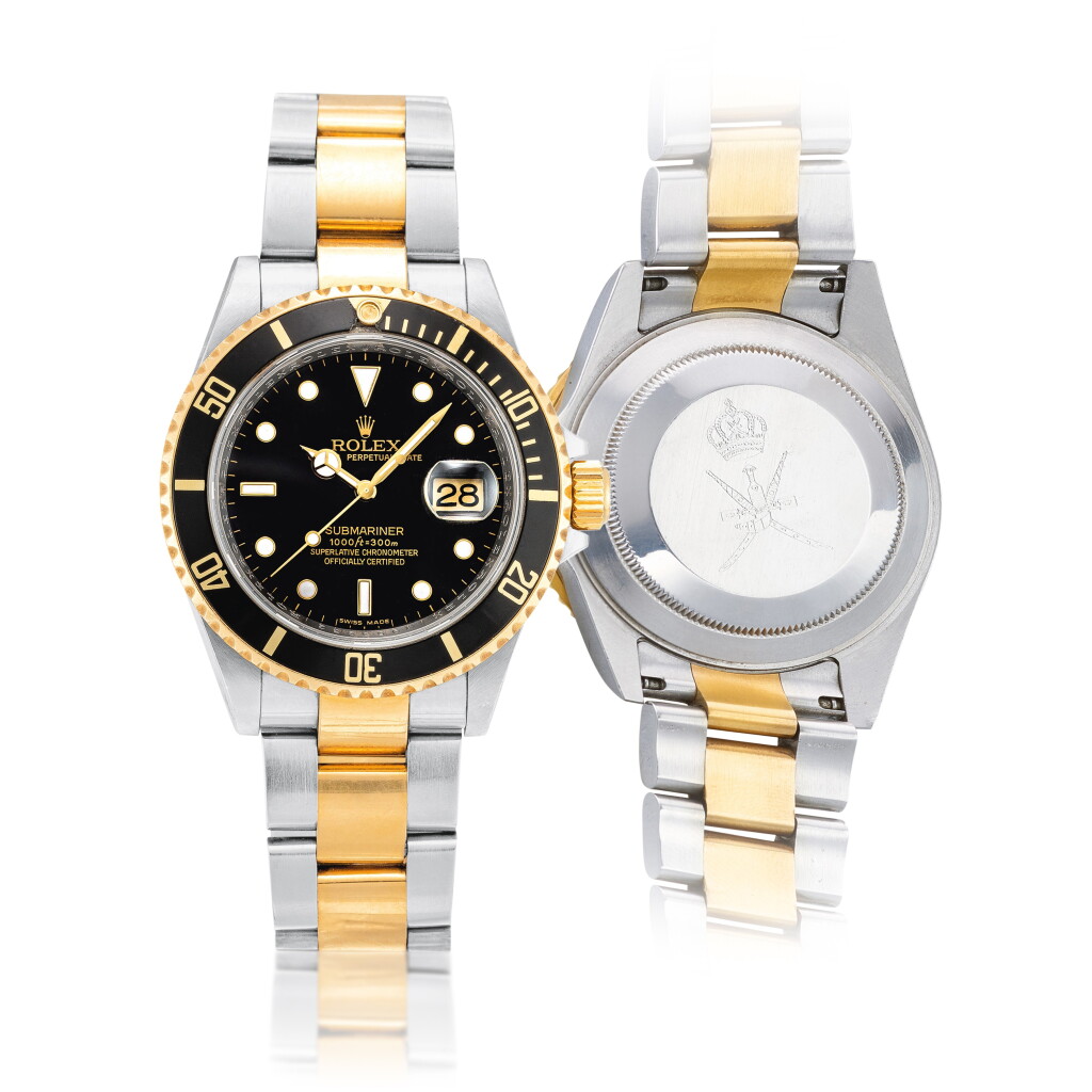 View full screen - View 1 of Lot 8082. Submariner, Reference 16613T | A yellow gold and stainless steel wristwatch with date and bracelet, Made for the Sultanate of Oman, Circa 2007 | 勞力士 | Submariner 型號16613T | 黃金及精鋼鏈帶腕錶,備日期顯示,為阿曼之蘇丹王國而製,約2007年製.