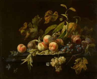 View full screen - View 1 of Lot 57. HERMAN PIETERSZ. VERELST | Still life of peaches, a fig, a watermelon, bunches of grapes and a rose arranged on and around a silver dish on a ledge.