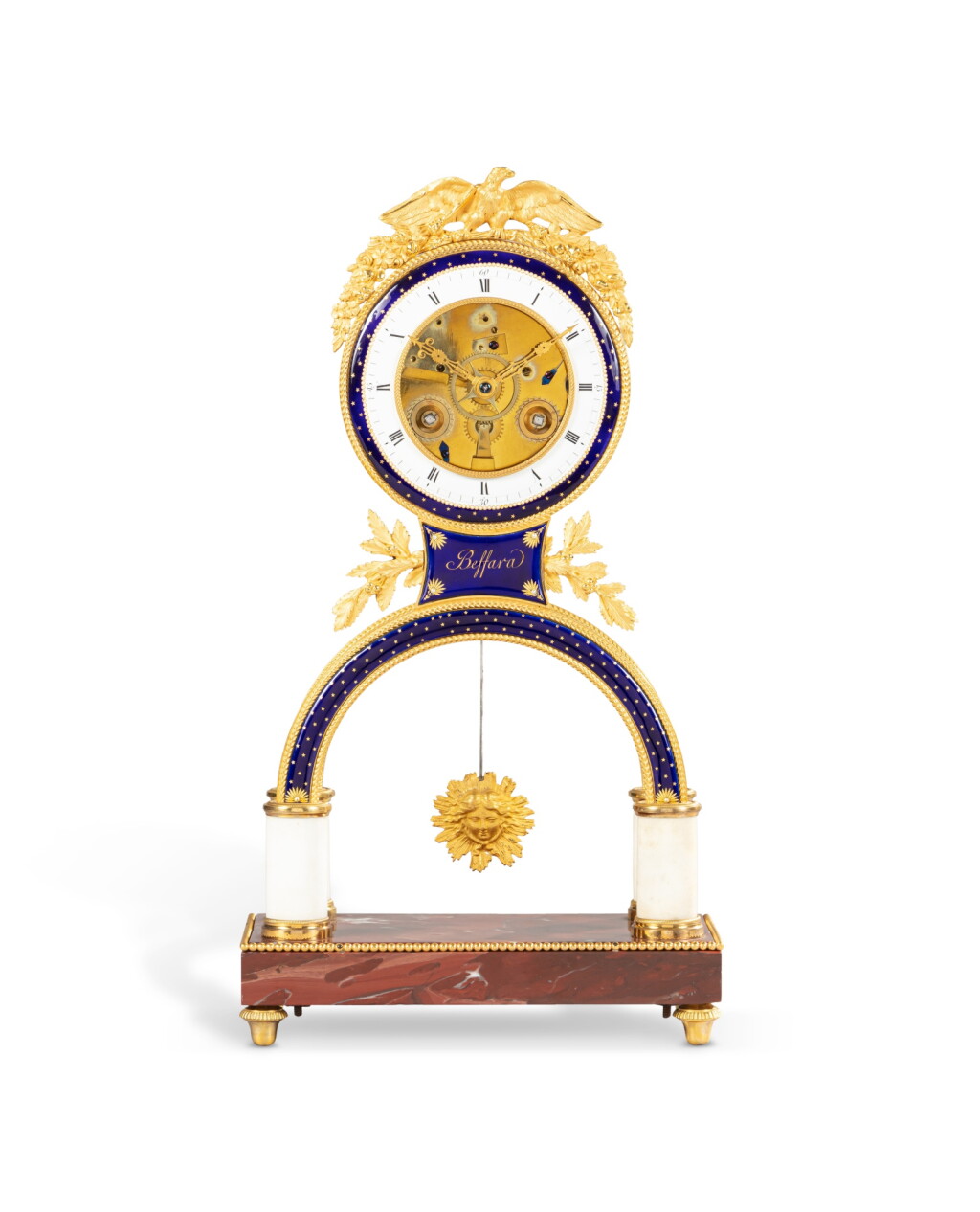 View full screen - View 1 of Lot 2. A French Directoire gilt-bronze, marble and enamel mantel clock, circa 1795.