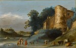 River landscape with a gentleman on horseback, a drover with cattle, and Tobias and the Angel, beside a fortified building