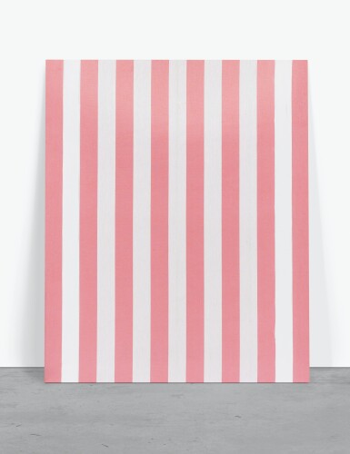 View full screen - View 1 of Lot 22. DANIEL BUREN | PEINTURE ACRYLIQUE BLANCHE SUR TISSU RAYÉ BLANC ET ROSE PÂLE.
