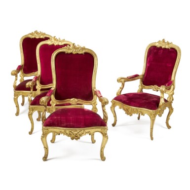 View full screen - View 1 of Lot 23. A set of four Italian carved giltwood armchairs, Rome, circa 1730.